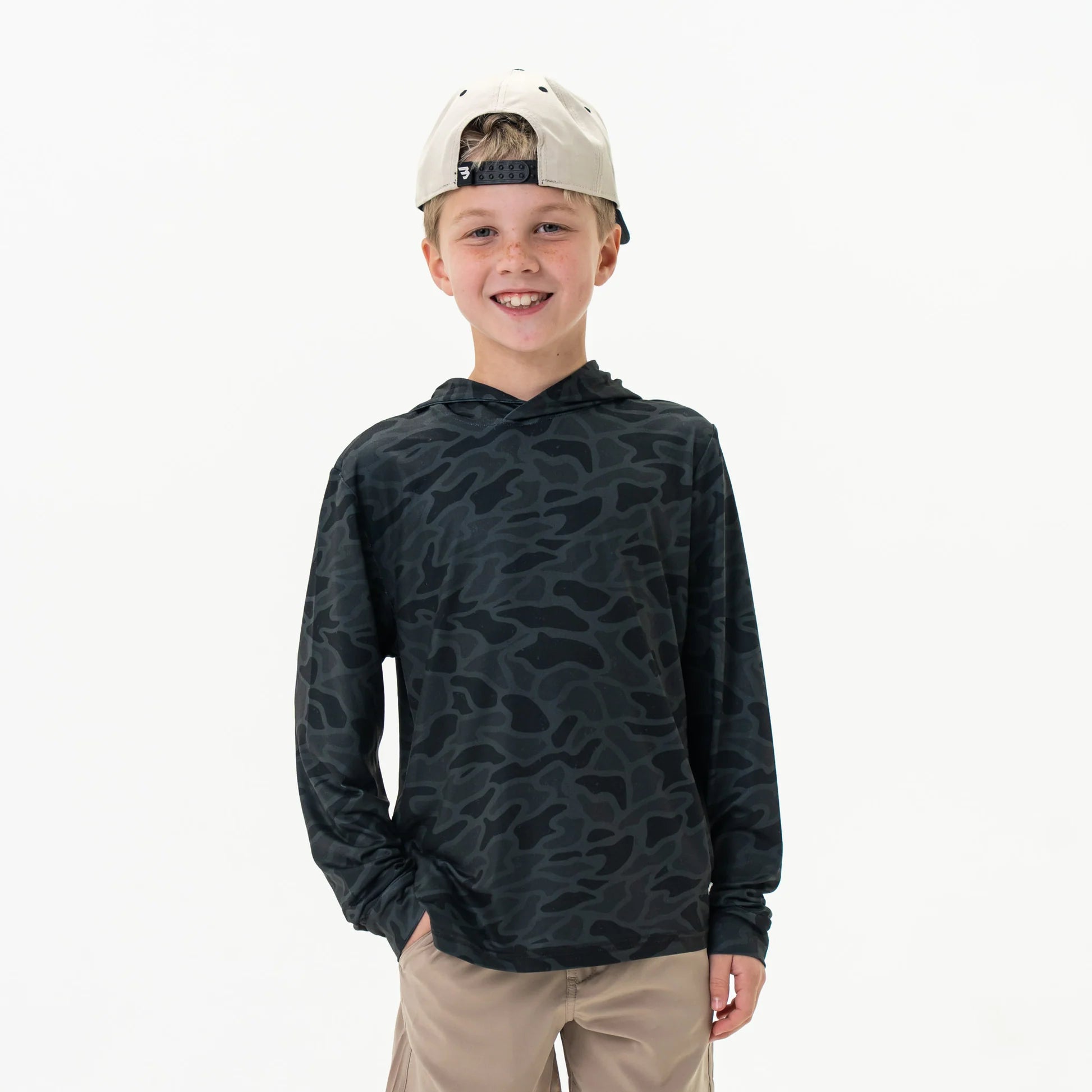 Youth black camo performance hoodie by Burlebo featuring a modern camo pattern and athletic fit, perfect for activewear.