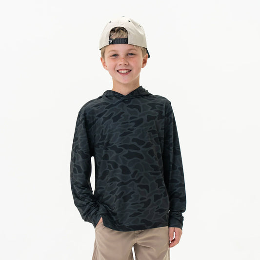 Youth black camo performance hoodie by Burlebo featuring a modern camo pattern and athletic fit, perfect for activewear.
