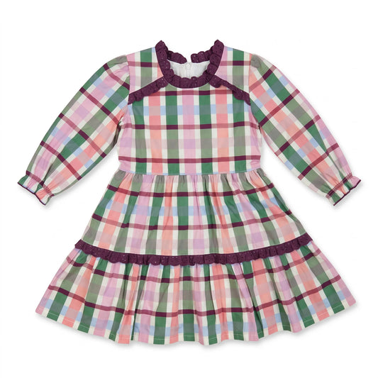 Scarlett plaid autumn dress by Hollis Baker featuring long sleeves, a fitted waist, and a knee-length skirt.