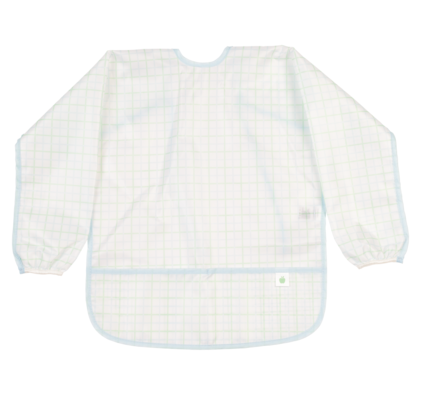 Apple of My Isla toddler bib with colorful, full-coverage design, made of soft, waterproof fabric for easy cleaning.