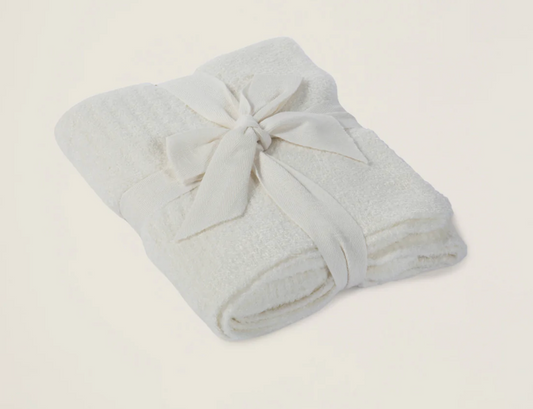 Barefoot Dreams Cozychic Lite ribbed baby blanket in Pearl, soft and cozy for infants, shown in a close-up image.
