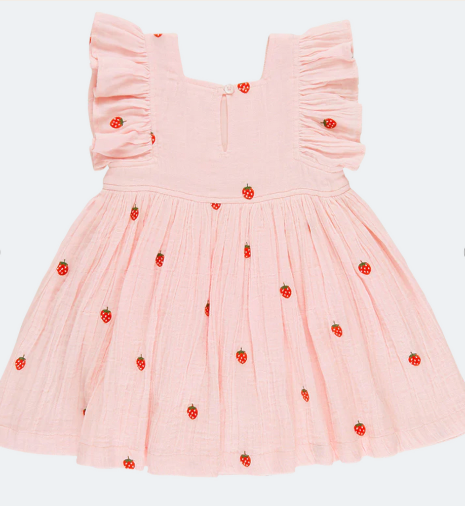 Pink Chicken - Girls Elsie Dress - Strawberry Embroidery