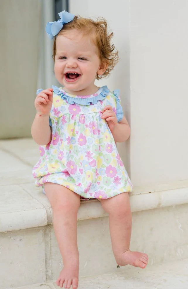 James & Lottie Blossoms and Blooms Rosie Bubble, colorful fabric baby blanket with floral pattern, soft and cozy for infants.