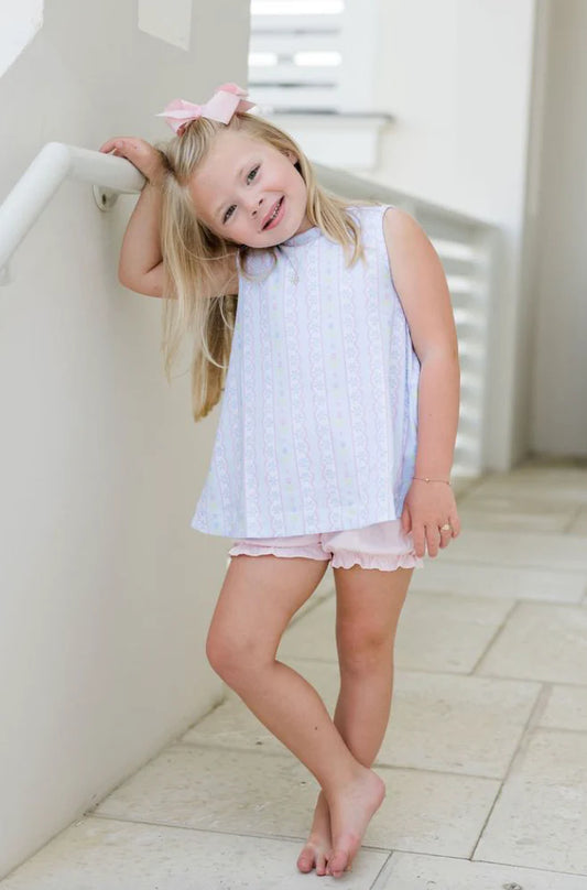 Blue floral scallop Lottie bloomer set by James & Lottie, featuring a cute scalloped hem and vibrant floral pattern for babies.