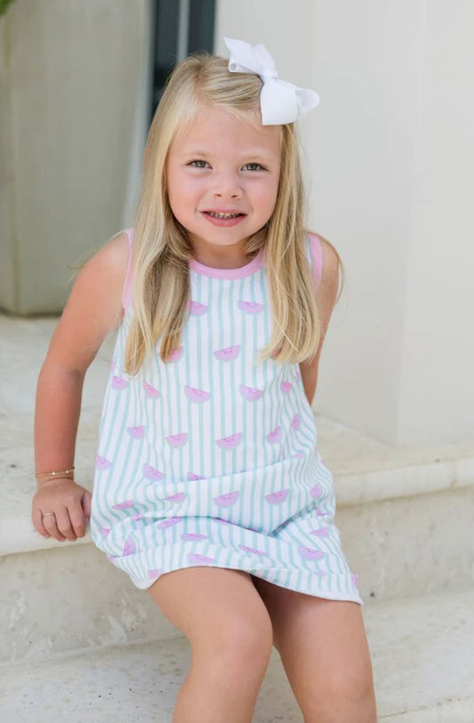 James & Lottie One in a Melon Madison sleeveless play dress with a vibrant watermelon print and comfortable fit for young girls.