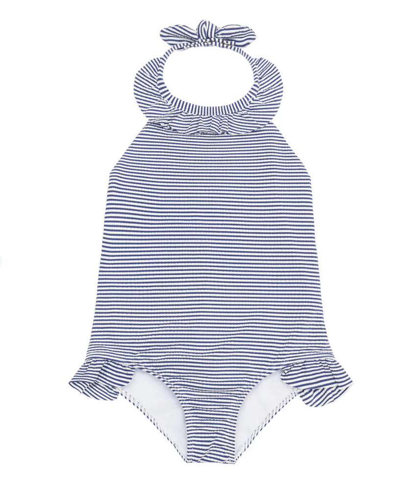 Minnow - Girls Harbor Stripe Ruffle Halter One Piece