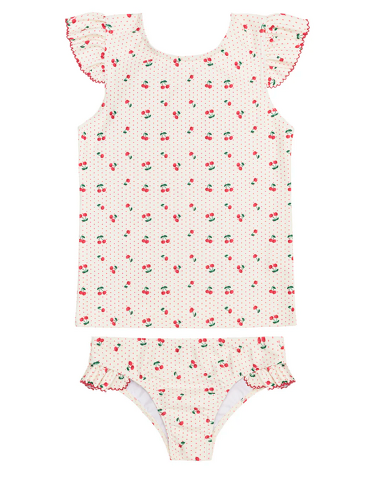 Minnow - Girls Summer Cherries Ruffle Sleeve Rashguard Set