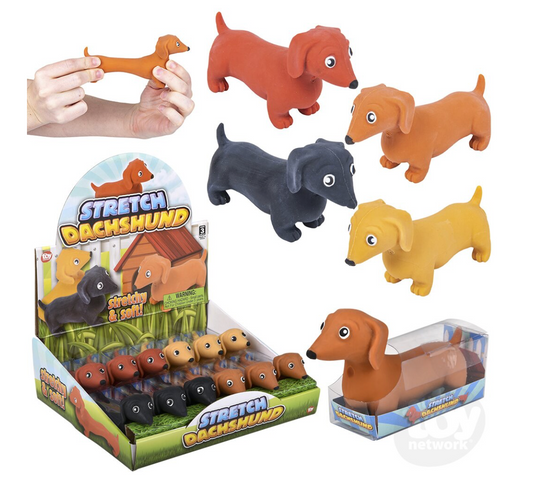 Stretch Dachshund plush toy by The Toy Network, 4.5 inches long, with soft fabric and realistic dachshund details.