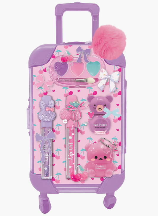 Cherry Mini Luggage Beauty case by Hot Focus, featuring a pink cherry design and compact size for travel and makeup storage.