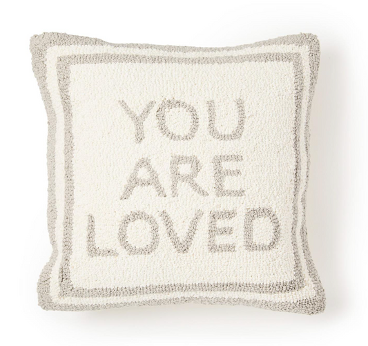 Gray decorative pillow with punch embroidery design and "You Are Loved" message by Twos Company, square shape, cozy home decor.