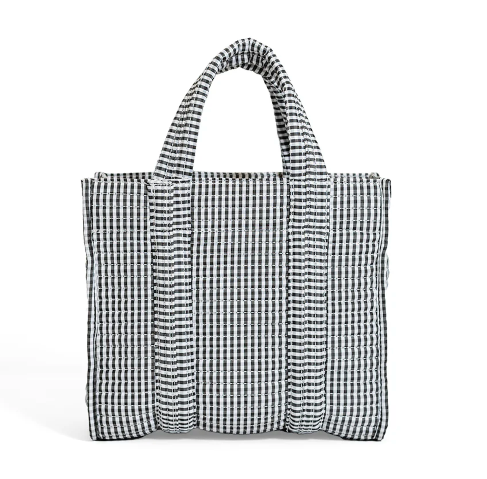 Black gingham quilted mini tote bag by TRVL Designs with top handles and a compact, stylish design.