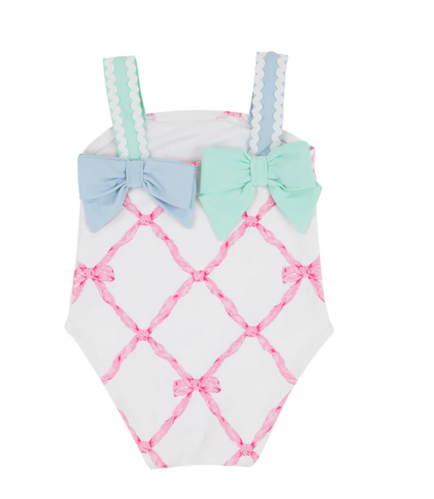 The Beaufort Bonnet Company - Shannon Bow Bathing Suit Belle Meade Bow with Buckhead Blue & Sea Island Seafoam