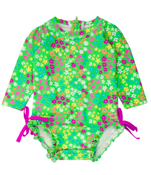 Ruffle Butts - Long Sleeve One Piece Rash Guard Neon Floral