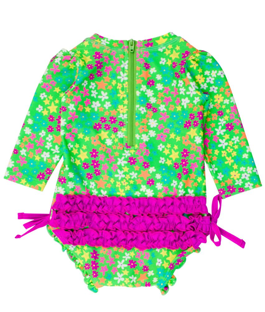 Ruffle Butts - Long Sleeve One Piece Rash Guard Neon Floral