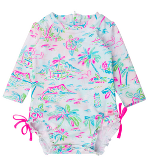 Ruffle Butts - Long Sleeve One Piece Rash Guard Tropical Resort