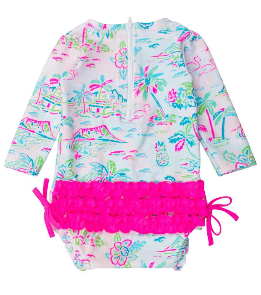 Ruffle Butts - Long Sleeve One Piece Rash Guard Tropical Resort