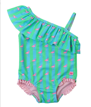 Ruffle Butts - One Shoulder Ruffle One Piece Neon Flamingo Stripe