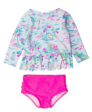 Ruffle Butts - Scalloped Long Sleeve Rash Guard 2-Piece Tropical Resort