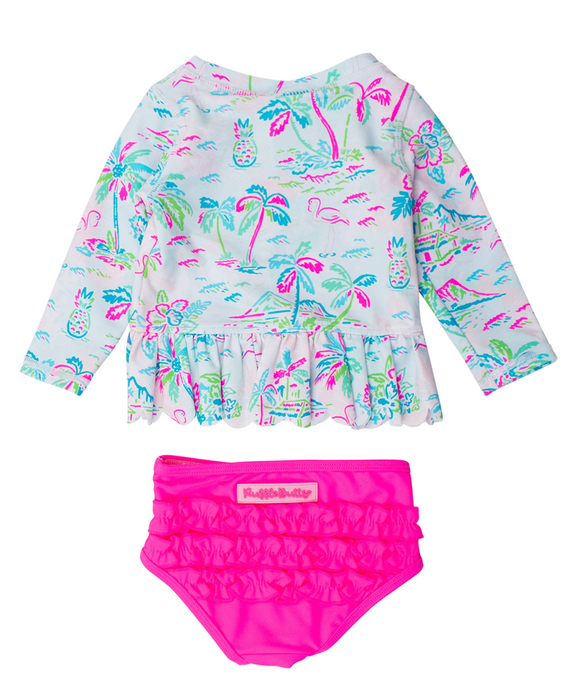 Ruffle Butts - Scalloped Long Sleeve Rash Guard 2-Piece Tropical Resort