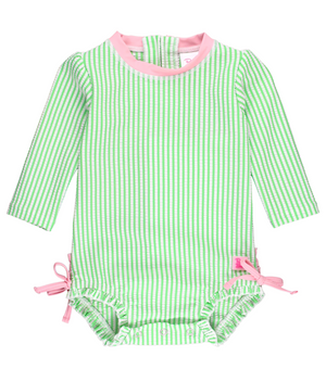 Ruffle Butts -  Seersucker Long Sleeve Rash Guard One Piece Spring Green Searsucker