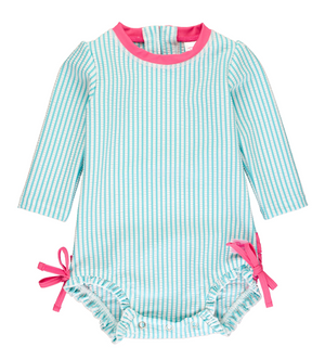 Ruffle Butts -  Seersucker Long Sleeve Rash Guard One Piece Bright Aqua