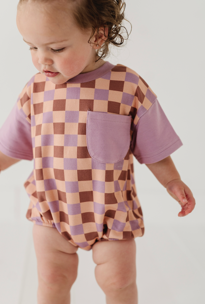 Babysprouts - Short Sleeve Colorblock Romper - Checker in Burlwood