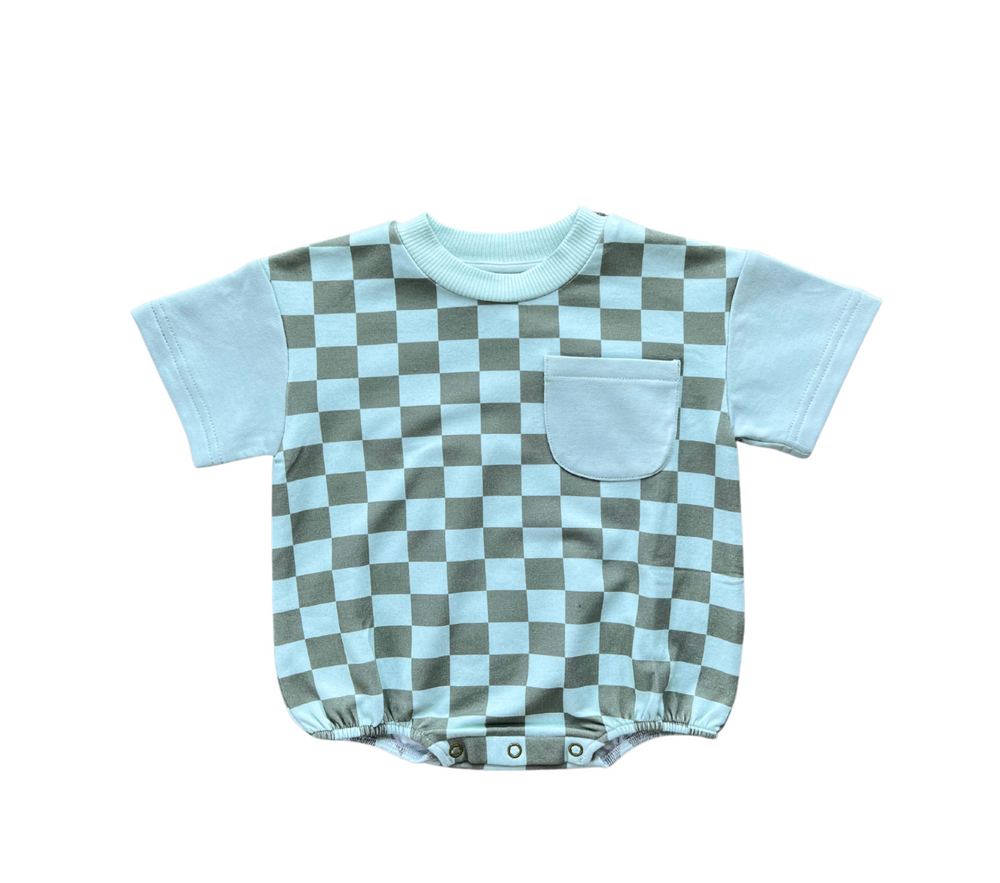 Babysprouts - Short Sleeve Colorblock Romper - Checker in Seagrass