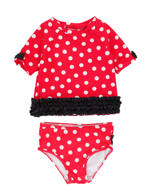 Ruffle Butts - Red Vintage Polka Dot Classic Bow Short Sleeve Rash Guard Bikini