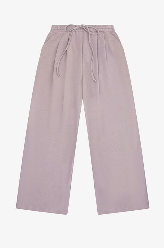 TENLY - Cobblestone French Terry Pleated Wide Leg Pant