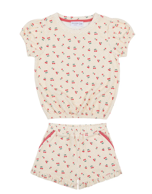 Minnow - Girls Summer Cherries French Terry Puff Sleeve Set