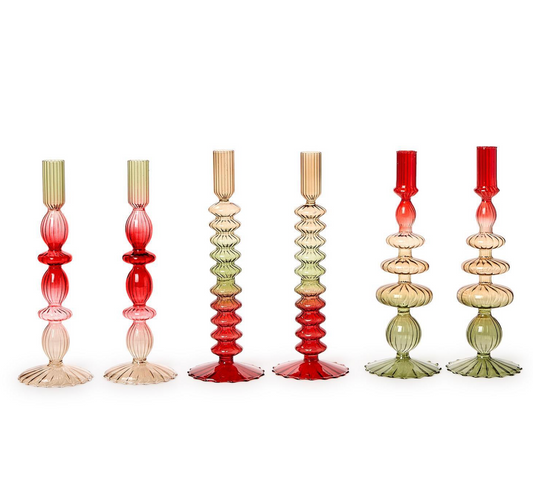 Set of 2 Holiday Ombre Hand-Blown Glass Candlesticks