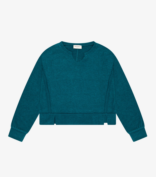 HT Teal Hacci Jersey Cropped Split Neck Tunic