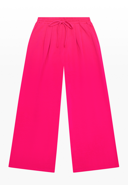 Cerise French Terry Pleated Wide Leg Pant