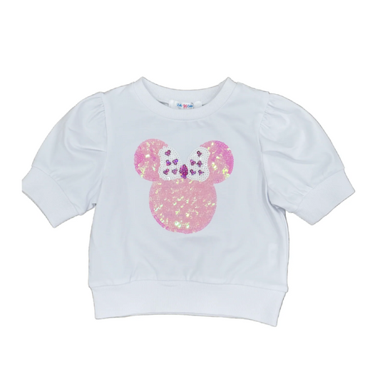White Sequin Minnie Puff Sleeve Shirt