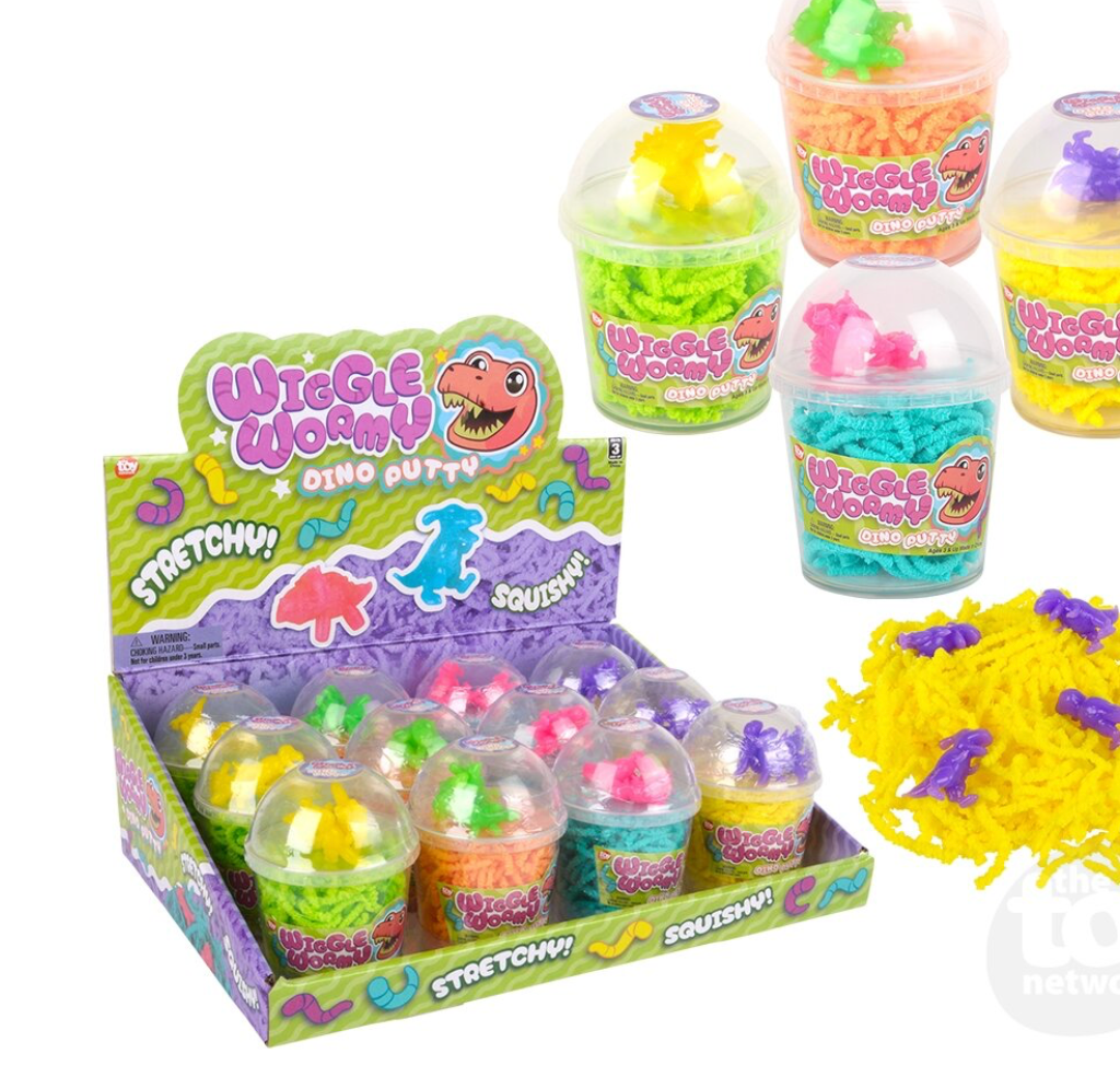3.6-inch Wiggle Wormy Dinosaur putty toy from The Toy Network, showing colorful, stretchy dinosaur-shaped slime in a playful pose.
