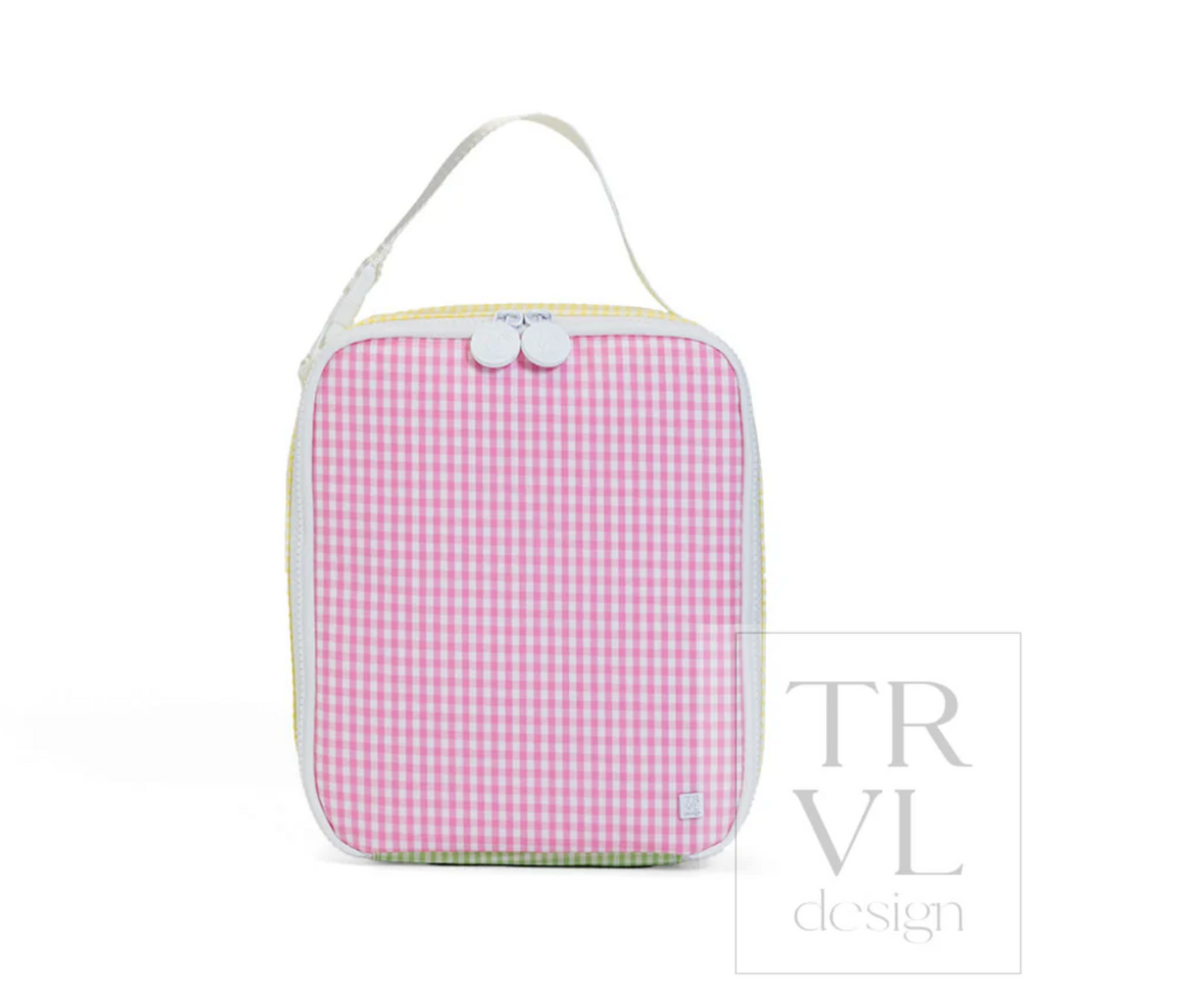 Insulated lunch bag by TRVL Designs, featuring a compact, portable design with a zip closure and stylish exterior for carrying meals.