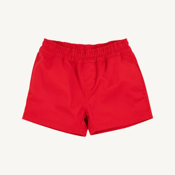 Richmond Red Sheffield shorts by The Beaufort Bonnet Company featuring multicolor stork pattern on beige fabric.