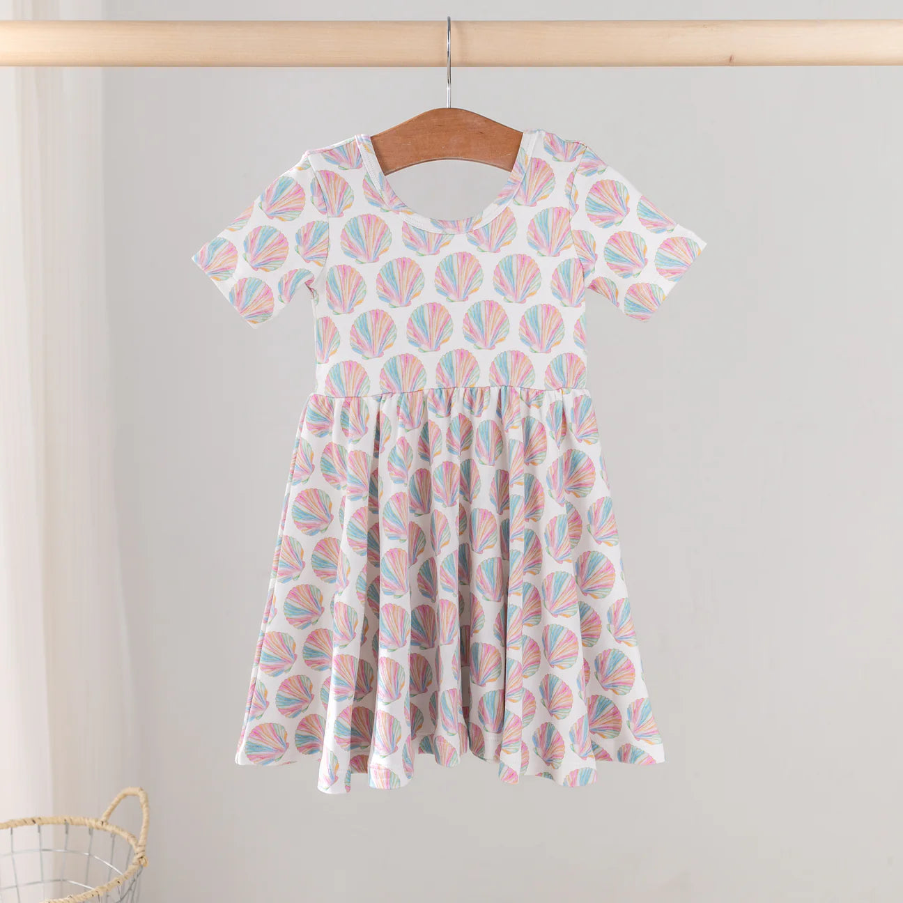 Nola Tawk Shell Yeah! organic cotton dress in shell print, showcasing lightweight fabric and casual fit on a model.