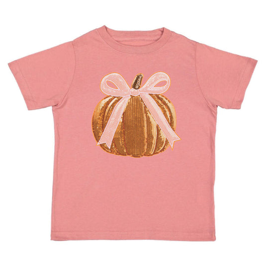 Sweet Wink Coquette Pumpkin sequin patch short sleeve T-shirt featuring pumpkin design and casual fit with crew neckline.
