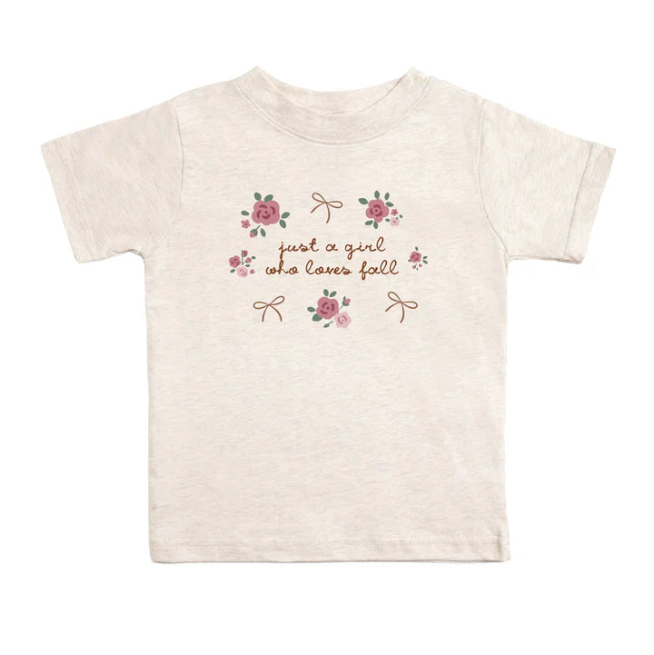 Short sleeve T-shirt featuring "Just A Fall Girl" design by Sweet Wink, casual apparel with autumn-inspired style.