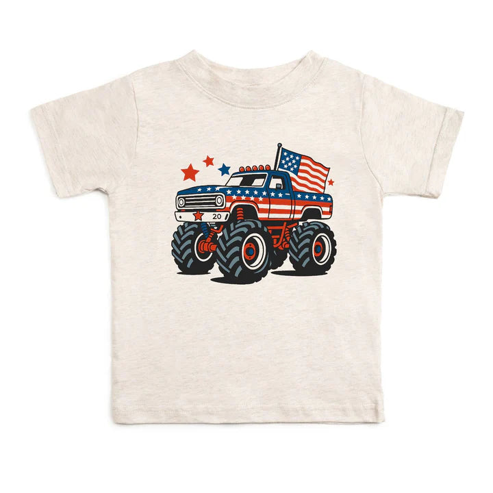 American Monster Truck short sleeve T-shirt in natural heather with bold monster truck graphic, by Sweet Wink.