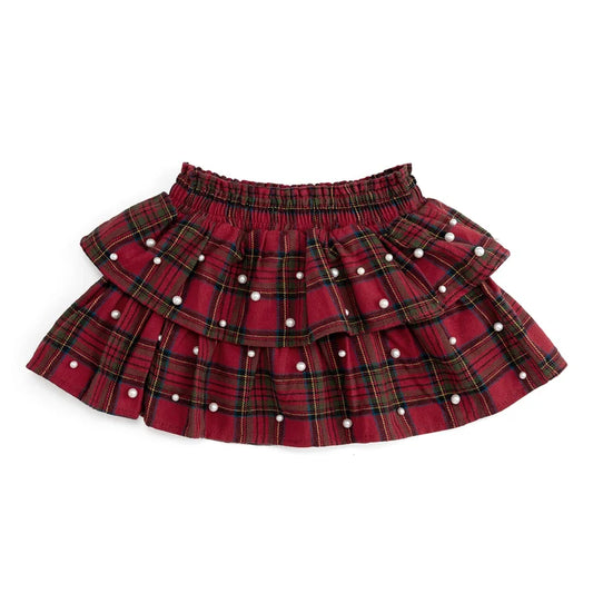 Sweet Wink Christmas tartan pearl skirt featuring festive red and green plaid fabric with pearl embellishments on the waistband.