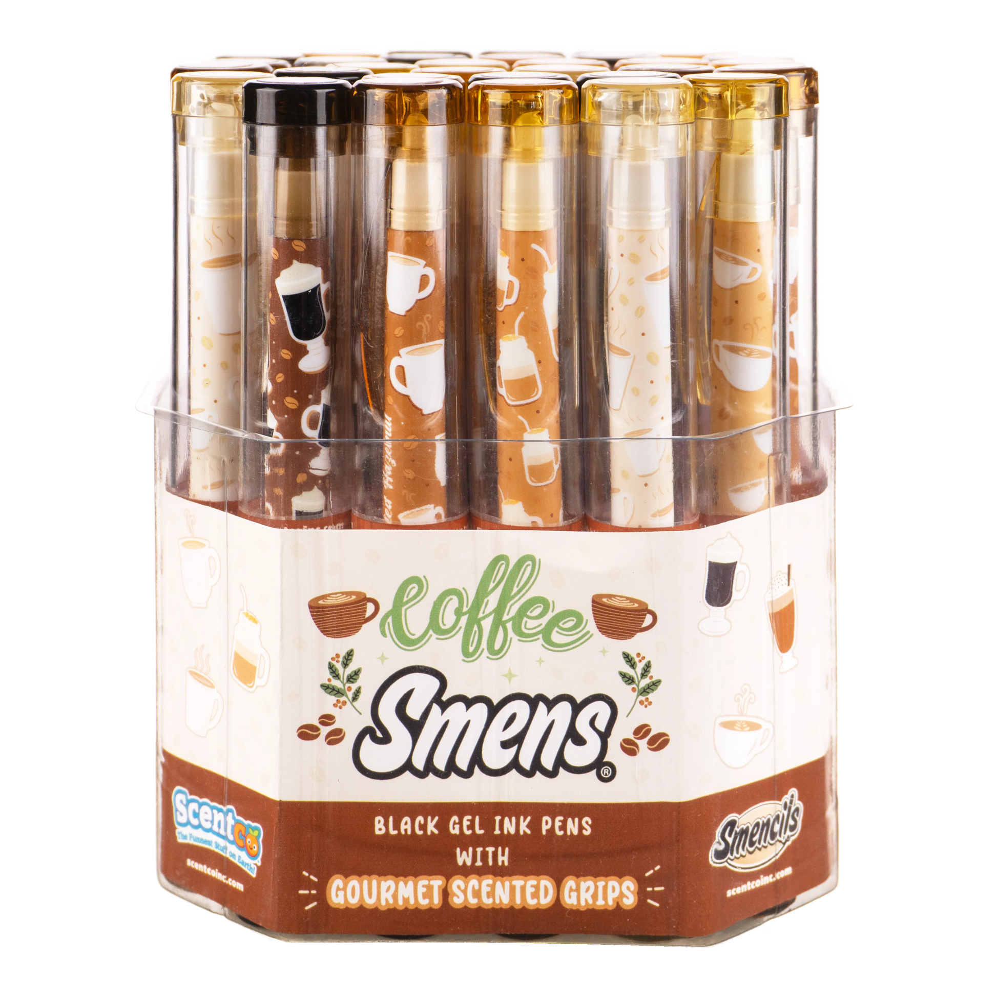 Scentco Coffee Smens cylinder with coffee-scented scented beads in a clear container, designed for freshening spaces.