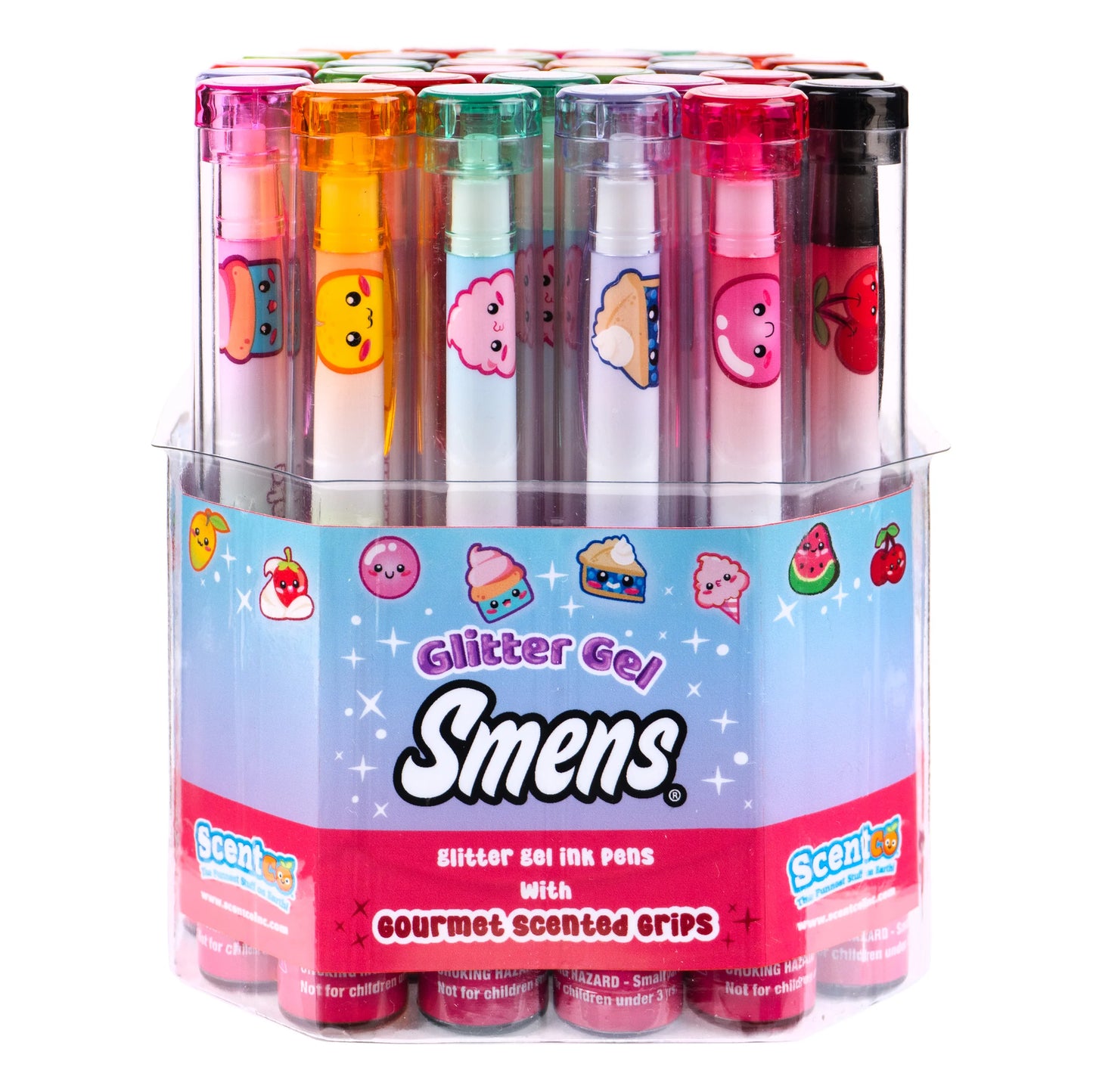 Scentco Glitter Gel Smens in a cylindrical container with colorful glitter gel, showcasing a vibrant and sparkling personal care product.