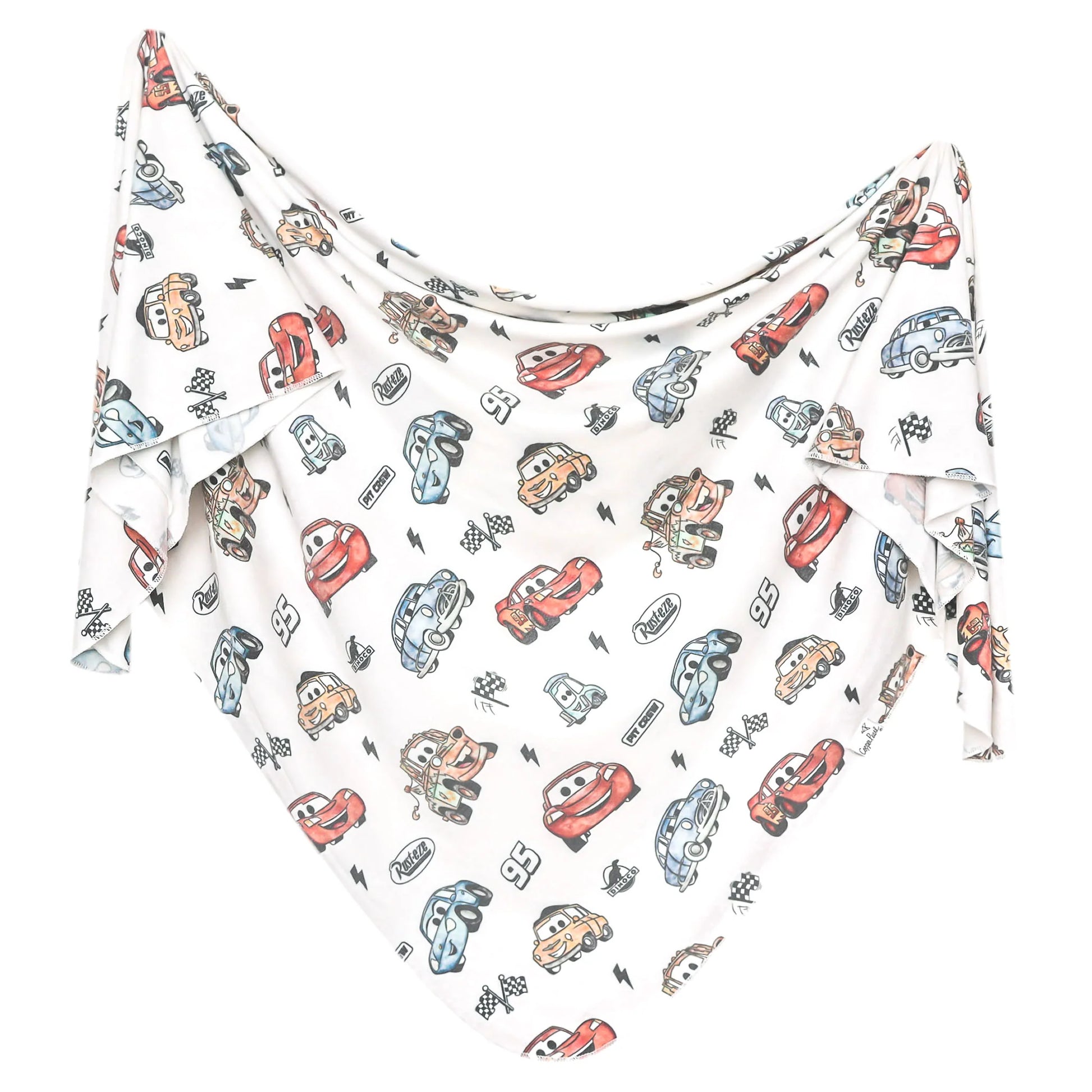 Pink Disney Pixar Cars knit swaddle blanket by Copper Pearl featuring colorful cartoon cars and soft, cozy fabric for babies.