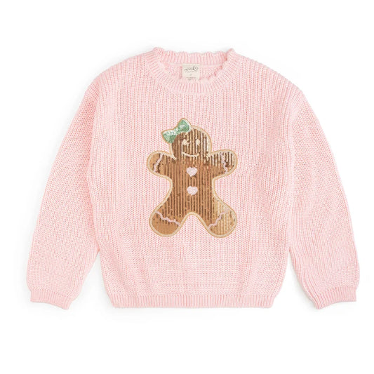Sweet Wink gingerbread sequin patch Christmas sweater featuring festive gingerbread design and sparkling sequin accents.