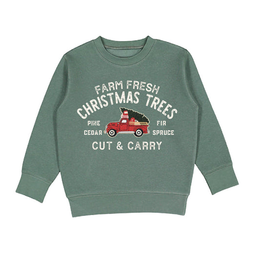 Sweet Wink Farm Fresh Christmas Tree Patch sweatshirt showing a cozy red sweatshirt with festive Christmas tree patch design.