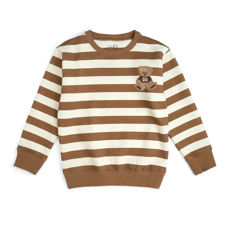 Sweet Wink teddy bear patch striped sweatshirt featuring a cozy design and colorful knit pattern.