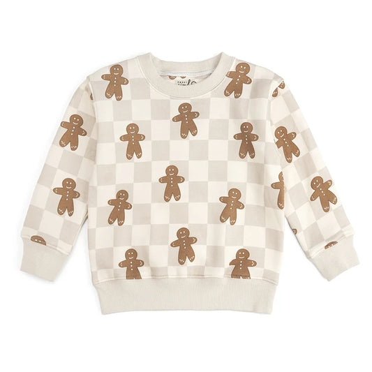 Gingerbread Christmas checkered sweatshirt by Sweet Wink featuring festive holiday design and cozy knit fabric.