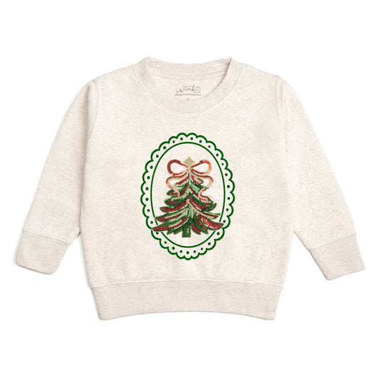 Sweet Wink sequin Christmas tree patch sweatshirt featuring festive holiday design and cozy fabric, perfect for winter wear.